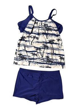 NWOT Two-Piece Tankini Swim Set in Navy and White Palm Print